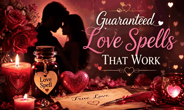 Guaranteed love spells that work with glowing candles, romantic heart energy, and powerful spiritual attraction atmosphere