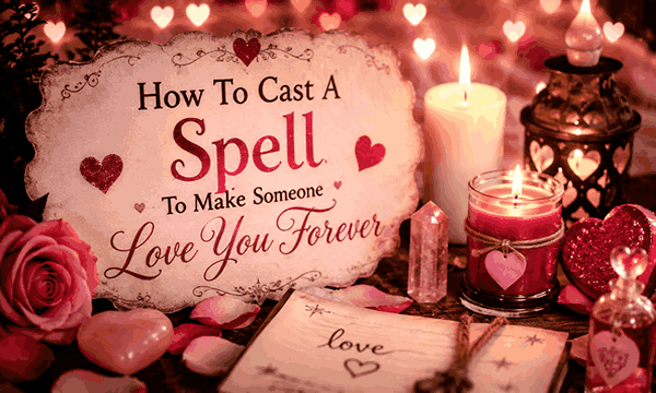 Romantic love spell ritual to make someone love you forever with glowing candles, heart symbols, and mystical attraction energy