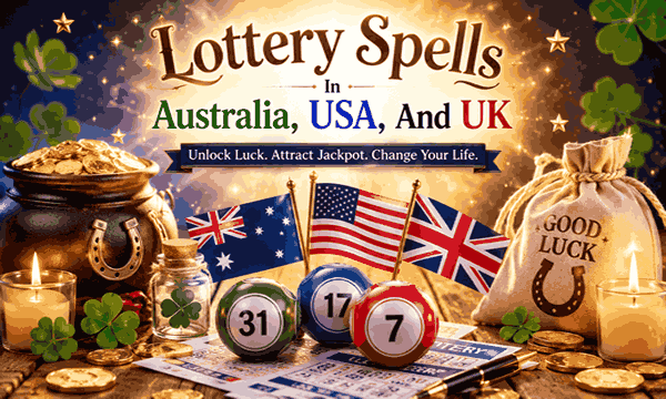 Lucky lottery spells in Australia, USA, and UK with glowing jackpot numbers, money symbols, and mystical winning energy