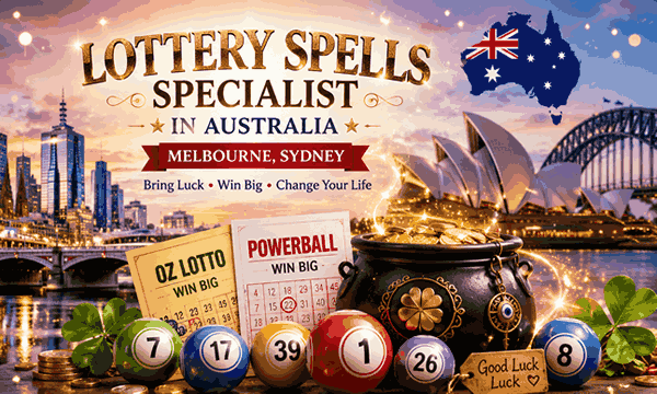 Lottery spells specialist in Melbourne and Sydney Australia with glowing jackpot numbers, lucky money energy, and mystical winning atmosphere
