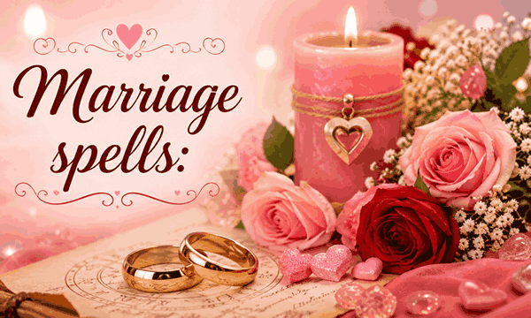 Spiritual marriage spells ritual with glowing candles, heart symbols, wedding rings, and a mystical love atmosphere