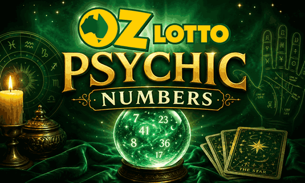 Oz Lotto Psychic Numbers with glowing lottery balls, spiritual energy, and lucky jackpot prediction theme