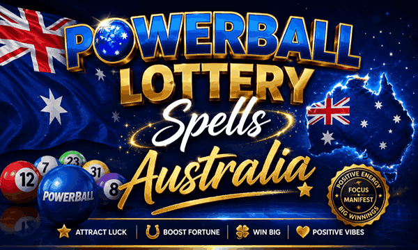 Powerball Lottery Spells Australia with lucky numbers, Australian flag, and magical winning energy design