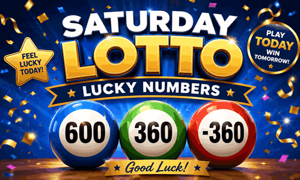 Saturday Lotto Lucky Numbers with glowing lottery balls, lucky charm symbols, and winning jackpot theme
