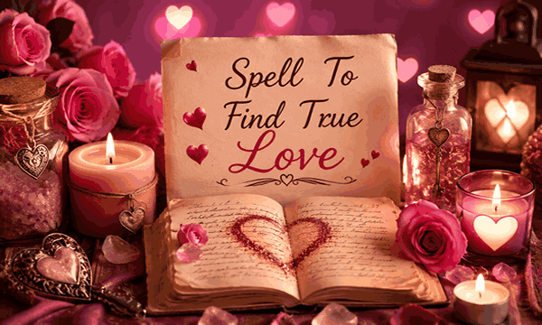True love attraction spell with glowing candles, romantic heart energy, soulmate connection, and magical spiritual atmosphere