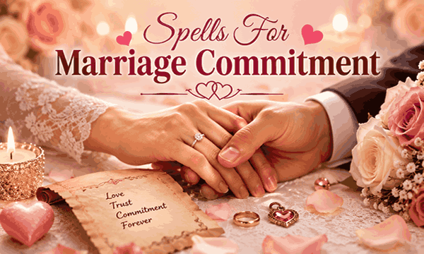 Spells for marriage commitment with glowing candles, wedding rings, heart energy, and peaceful spiritual love atmosphere