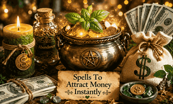 Money attraction spells with glowing cash energy, lucky coins, candles, and powerful spiritual abundance atmosphere