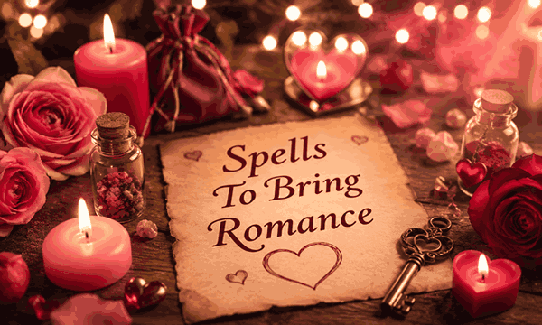 Romance attraction spells with glowing candles, heart symbols, loving energy, and magical spiritual connection atmosphere