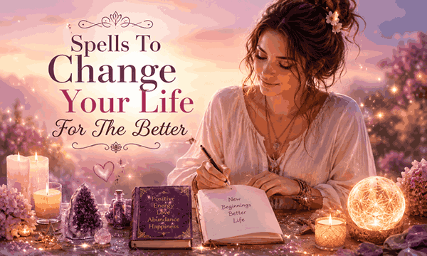 Life changing spiritual spells with glowing candles, positive energy, healing light, and powerful transformation atmosphere