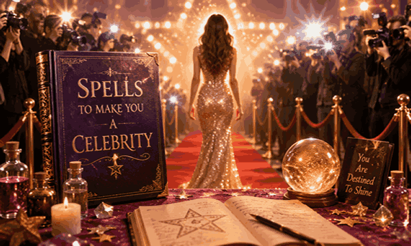 Celebrity success spells with glowing spotlight energy, fame symbols, confidence aura, and powerful spiritual attraction atmosphere