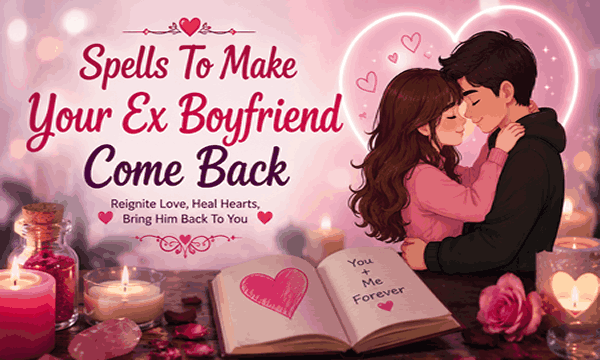 Ex boyfriend return love spells with glowing candles, emotional heart energy, romantic reunion, and spiritual reconciliation atmosphere